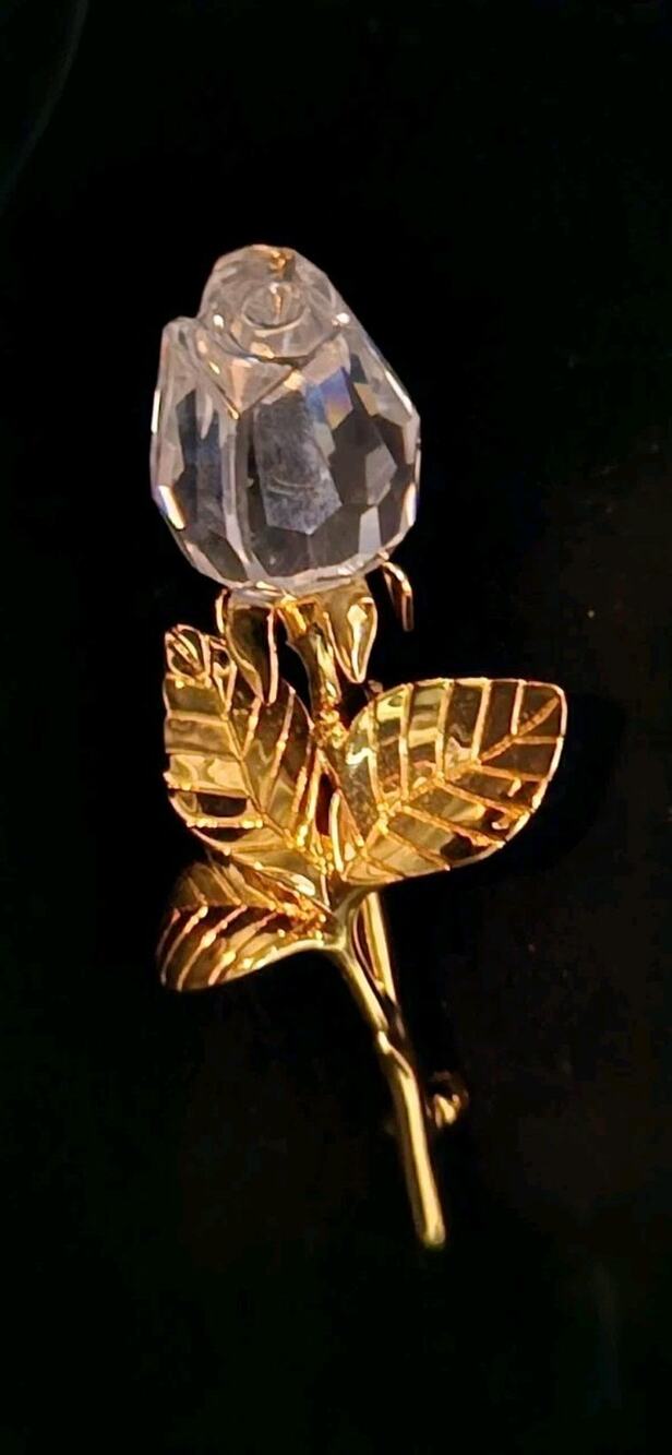 Vintage Swarovski Crystal Rose Bud Brooch Pin Gold Plated Swan Signed 1990s